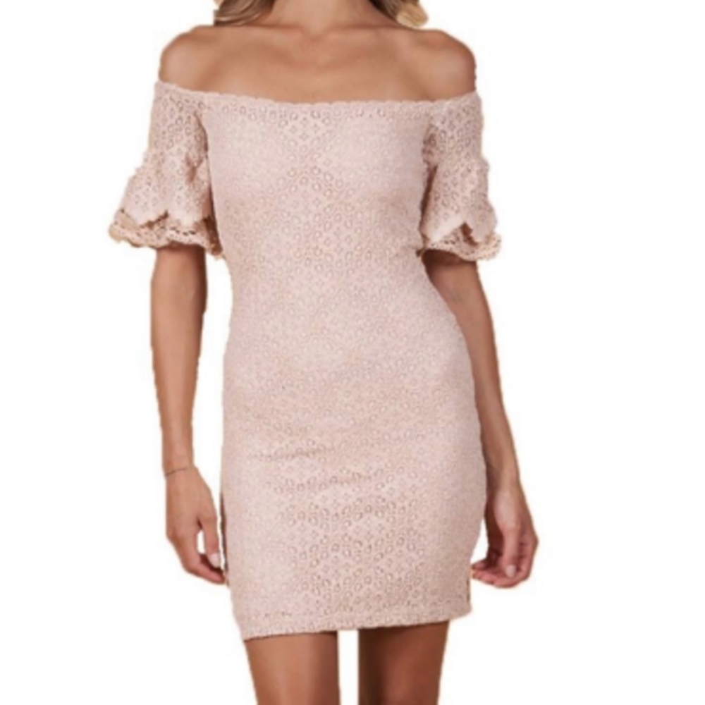 Nightcap Clothing tan nude lace ruffle bodycon minidress M
